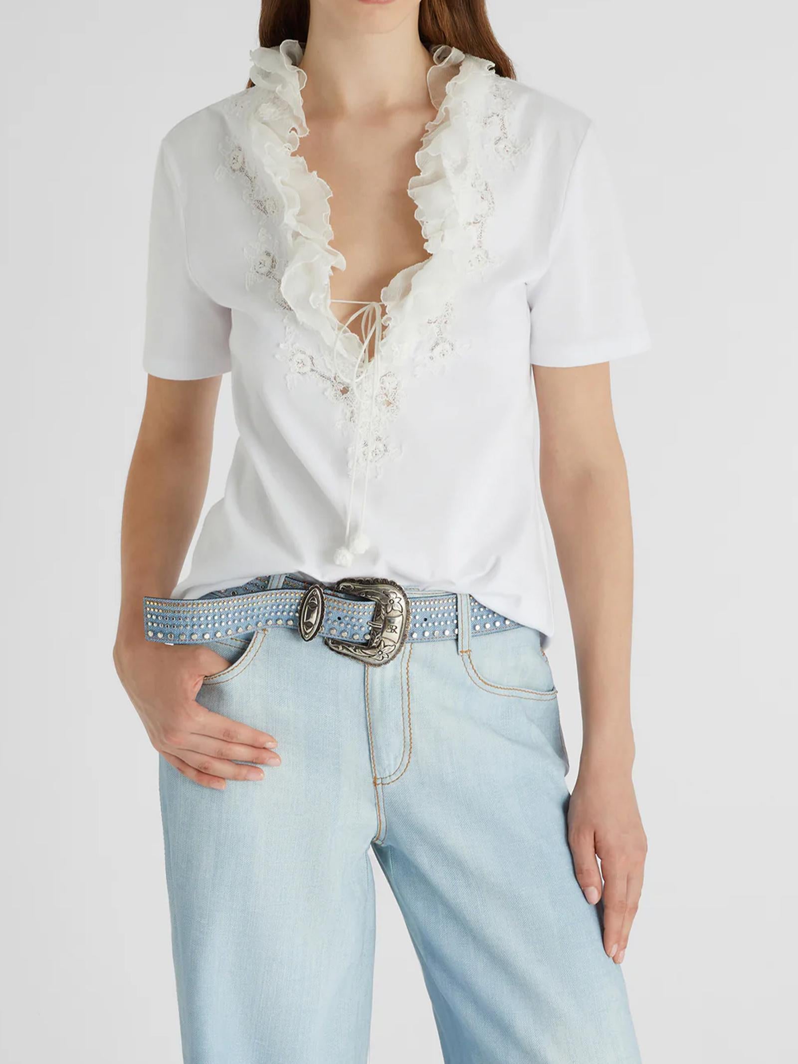 T-shirt con ruches e scollo a V D462L353DUX 10601 ERMANNO SCERVINO 